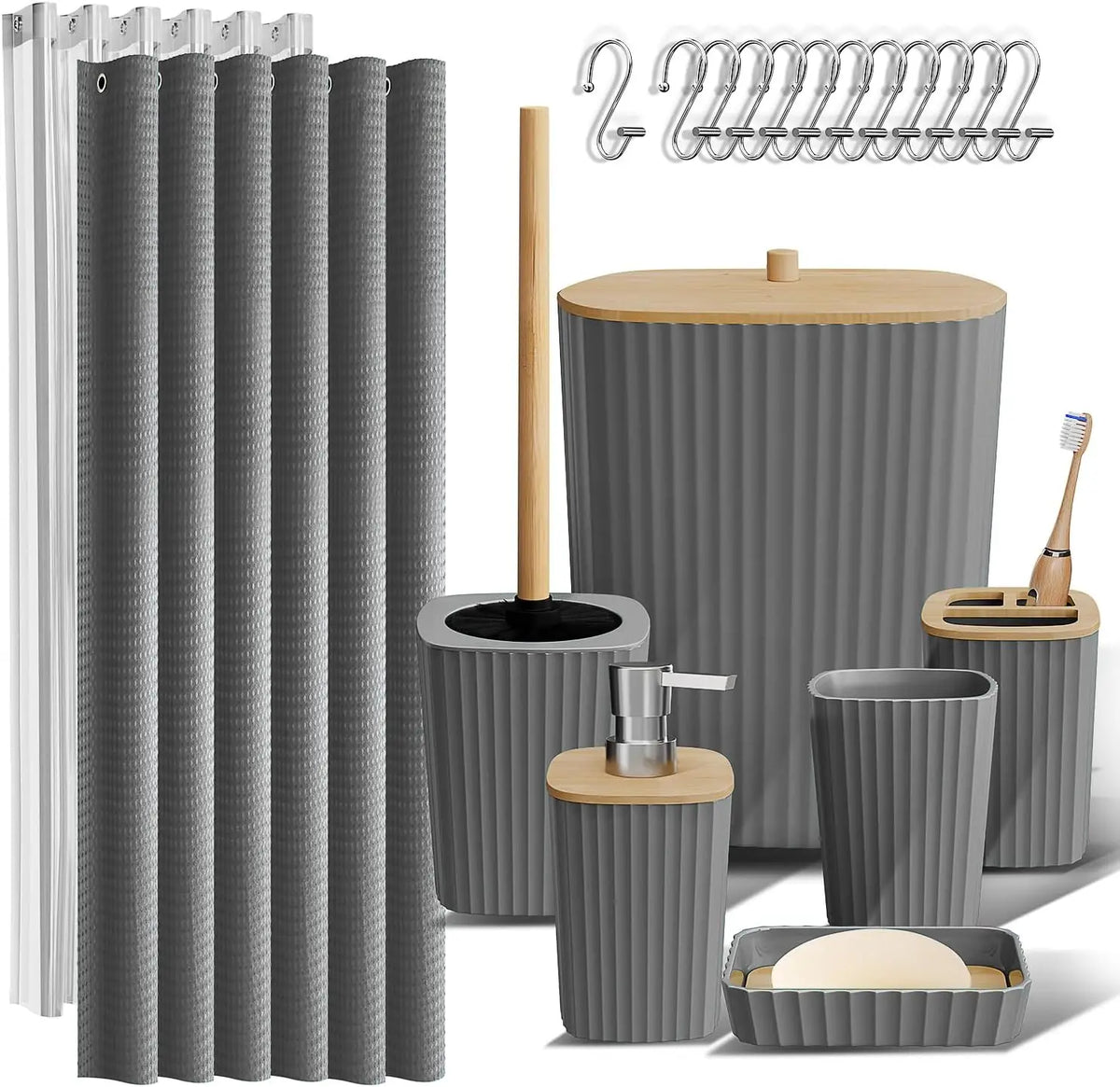 CF 20PCS Bamboo Plastic Bathroom Accessory Set Shower Curtain Liner Toilet Brush Trash Can Soap Dispenser Bathroom Full Set