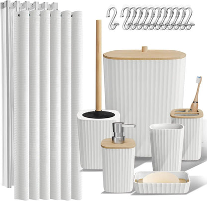 CF 20PCS Bamboo Plastic Bathroom Accessory Set Shower Curtain Liner Toilet Brush Trash Can Soap Dispenser Bathroom Full Set