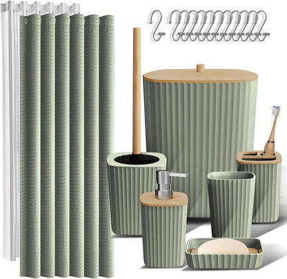 CF 20PCS Bamboo Plastic Bathroom Accessory Set Shower Curtain Liner Toilet Brush Trash Can Soap Dispenser Bathroom Full Set