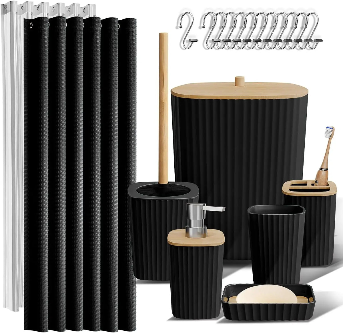 CF 20PCS Bamboo Plastic Bathroom Accessory Set Shower Curtain Liner Toilet Brush Trash Can Soap Dispenser Bathroom Full Set