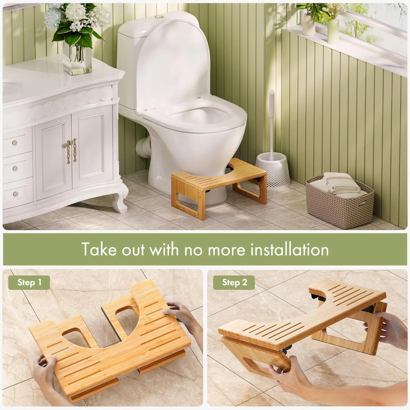 Goodinary® Bamboo Foldable Toilet Stool with Non Slip Base - Goodinary