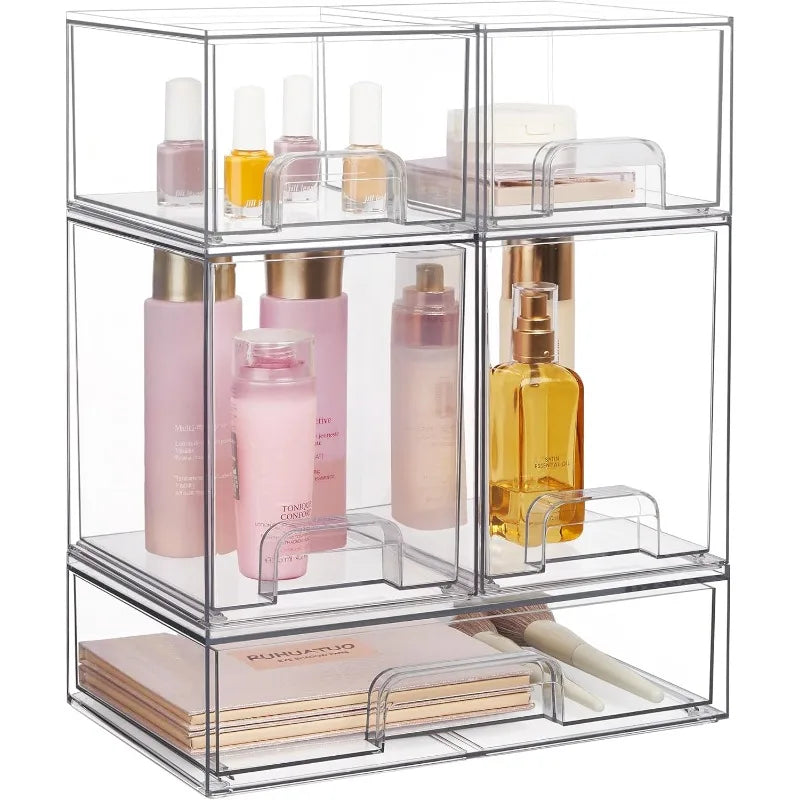 Stackable Storage Drawers Set of 5, Clear Plastic Organizer Bins for Beauty Supplies,Ideal for Vanity, Bathroom,Cabinet