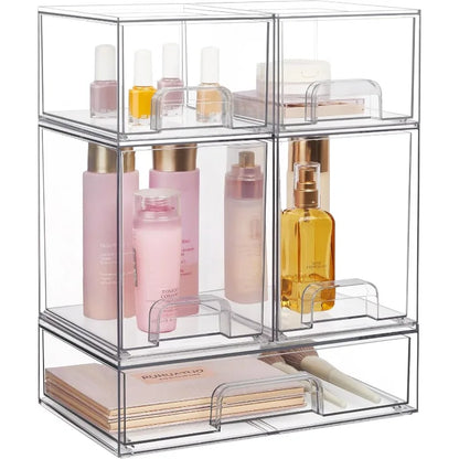 Stackable Storage Drawers Set of 5, Clear Plastic Organizer Bins for Beauty Supplies,Ideal for Vanity, Bathroom,Cabinet