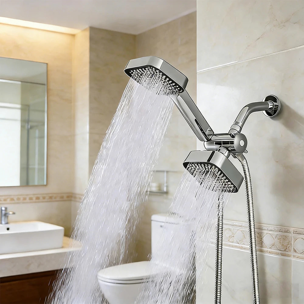 A High-Flow Large Nozzle and Handheld Shower Head, Two-In-One Shower Set, Shower Long Hose and T-Shaped Valve-Durable Abs Material, Wall-Mounted, Square Design, Suitable for Bathroom Upgrades Three-Way Water Distributor Bathroom
