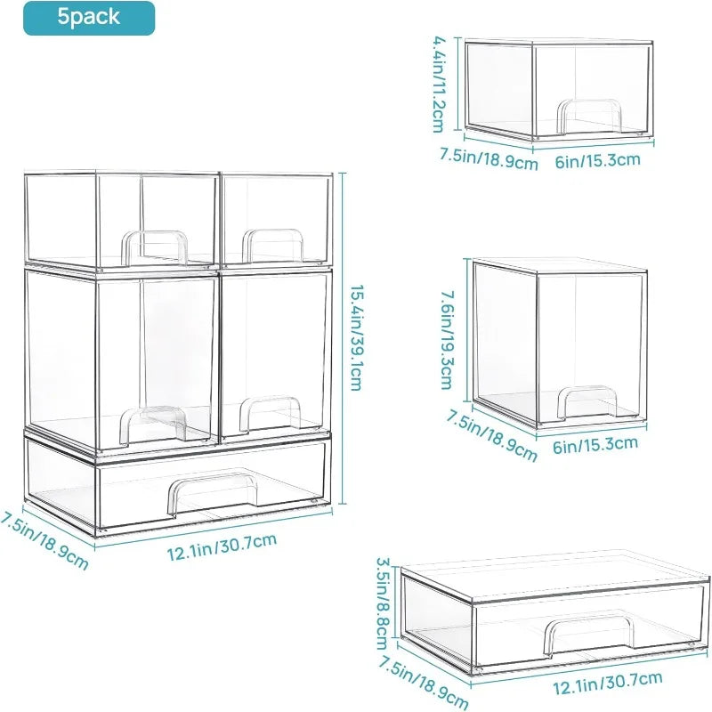 Stackable Storage Drawers Set of 5, Clear Plastic Organizer Bins for Beauty Supplies,Ideal for Vanity, Bathroom,Cabinet