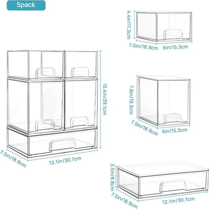 Stackable Storage Drawers Set of 5, Clear Plastic Organizer Bins for Beauty Supplies,Ideal for Vanity, Bathroom,Cabinet