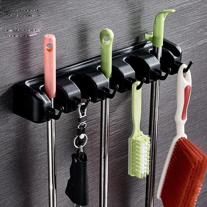 Wall Mounted Mop Holder 3/4/5 Position Multi-Functional Broom Hanger Shelf Home Kitchen Storage Black Magic Plastic Mop Holder
